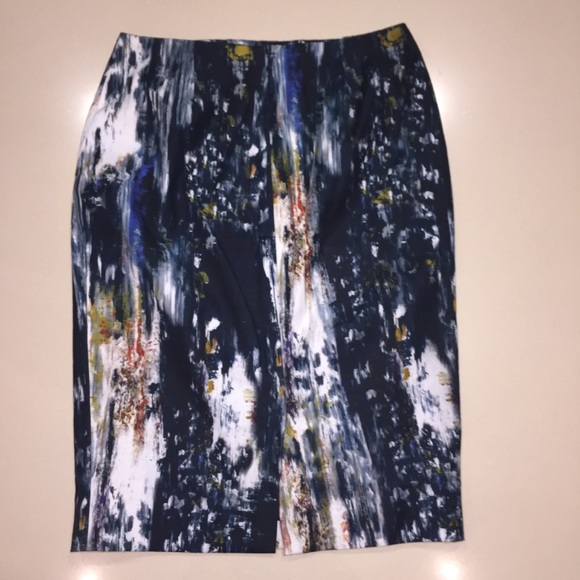 Lela Rose Abstract Art Pencil Skirt Navy Orange 4 - Picture 5 of 8